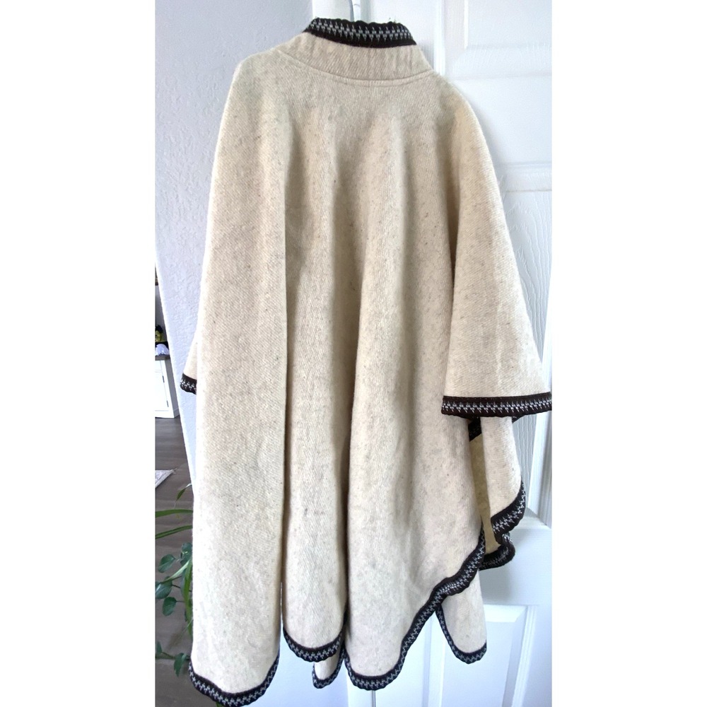 100% Wool Woven‎ Mexican Poncho Natural Button Front OSFM Cream Vintage - Picture 5 of 8